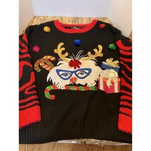 33 DEGREES Woman Sweater "CHRISTMAS KITTY" Ugly Christmas Sweater XXL Pom Pom
